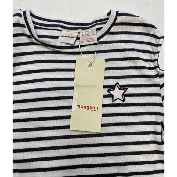 Girls Manguun Top Gray White Stripe Ribbed Knit Cold Shoulder Sz Large NEW‎ - Picture 3 of 6